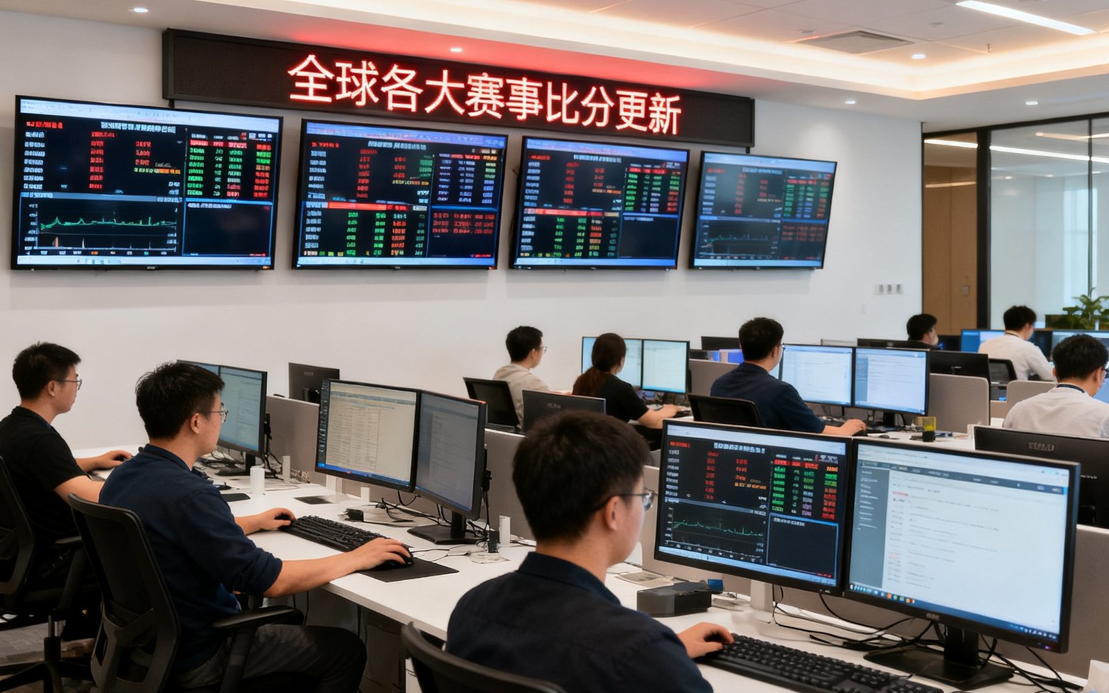 华体会体育北京总部开放式办公区内，数十名编辑和分析师在双显示器工位上专注工作，墙面上悬挂着多块实时数据监控屏幕，显示全球各大赛事的比分更新